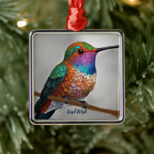 Ornement Carré Argenté Peinture vibrante de colibri d'Allen
