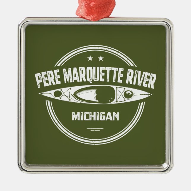 Ornement Carré Argenté Pere Marquette River Michigan Kayak (Devant)