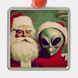 Ornement Carré Argenté Père Noël avec l'Alien de l'espace Noël OVNI