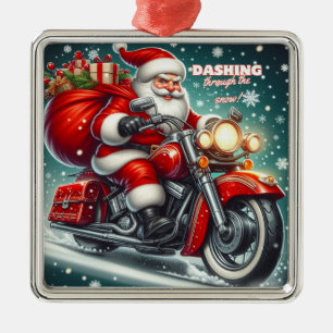 Ornement Carré Argenté Père Noël en moto