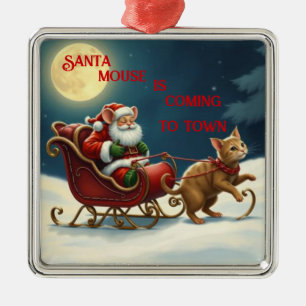Ornement Carré Argenté Père Noël Mouse Arrive En Ville