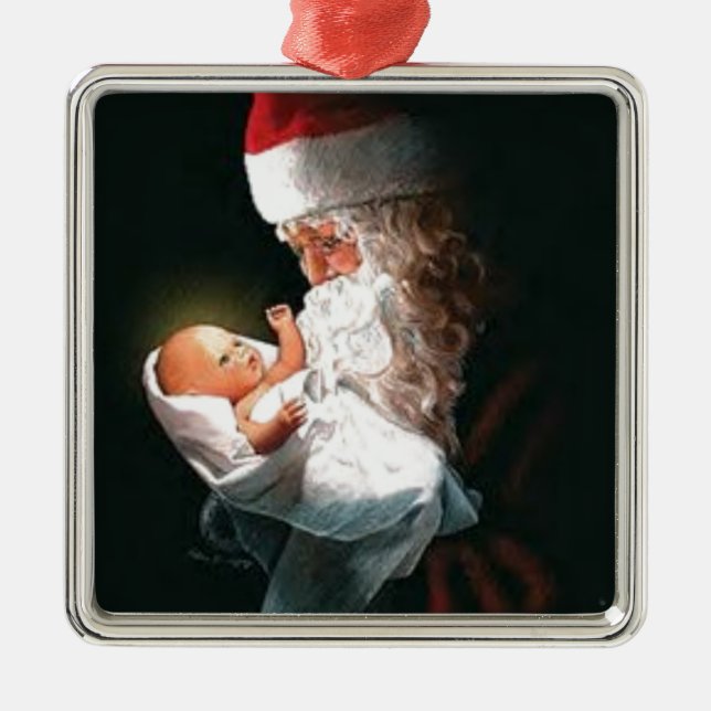 Ornement Carré Argenté Père Noël tenant le bébé Jésus (Devant)
