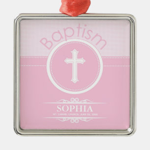 Ornement Carré Argenté Personnalisable, Enfant de Dieu rose Baptême Fille