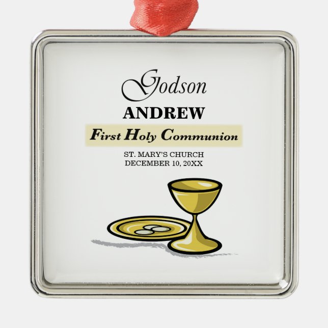 Ornement Carré Argenté Personnalisable, Godson First Communion Chalice (Devant)