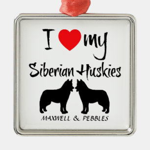 Ornement Carré Argenté Personnalisé J'Aime Mes Huskies Sibériens