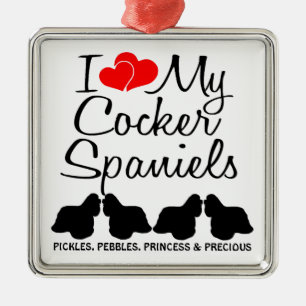 Ornement Carré Argenté Personnalisé J'Aime Mes Quatre Cocker Spaniels Orn