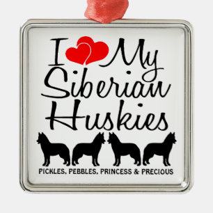 Ornement Carré Argenté Personnalisé J'Aime Mes Quatre Huskies Sibériens