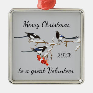 Ornement Carré Argenté Personnalisé Joyeux Noël Volontaire Magpies Oiseau