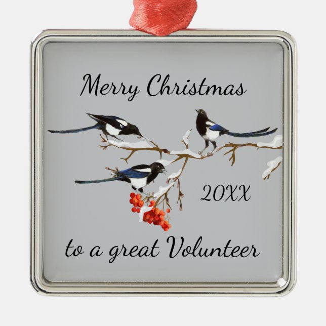 Ornement Carré Argenté Personnalisé Joyeux Noël Volontaire Magpies Oiseau (Devant)