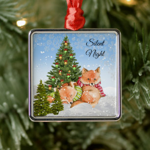 Ornement Carré Argenté Personnalisez les fêtes de Noël Fox animal