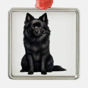 ORNEMENT CARRÉ ARGENTÉ PETIT CHIEN À POPPER DE SCHIPPERKE NOIR