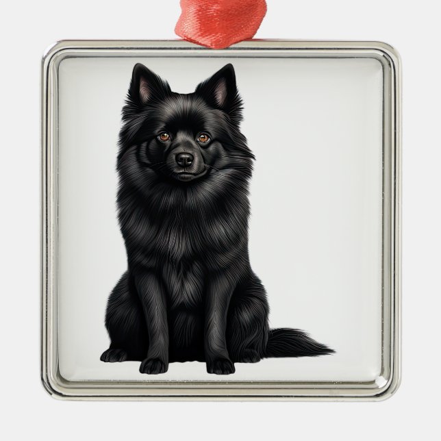 ORNEMENT CARRÉ ARGENTÉ PETIT CHIEN À POPPER DE SCHIPPERKE NOIR (Devant)