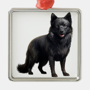 ORNEMENT CARRÉ ARGENTÉ PETIT CHIEN À POPPER DE SCHIPPERKE NOIR