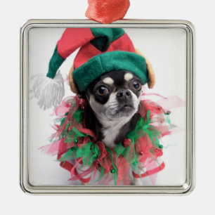 Ornement Carré Argenté Petit chien d'Elf de l'aide de Père Noël