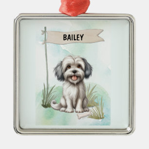 Ornement Carré Argenté Petit Chien Léon Bergé Personalisé Aquarelle