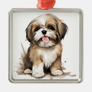 ORNEMENT CARRÉ ARGENTÉ PETIT CHIEN SHIH TZU POPPY ADORABLE