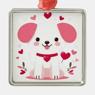Ornement Carré Argenté Petit chiot de la Saint-Valentin