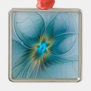 Ornement Carré Argenté Petite Beauté Moderne Bleu Or Fractal Art Flower