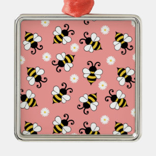 Ornement Carré Argenté Petites abeilles mignonnes et fleurs marguerites m