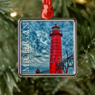 Ornement Carré Argenté Phare de Grand Haven   Michigan