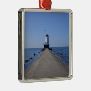 Ornement Carré Argenté Phare de North Pierhead, Ludington, MI