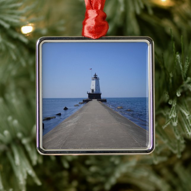 Ornement Carré Argenté Phare de North Pierhead, Ludington, MI (Arbre)