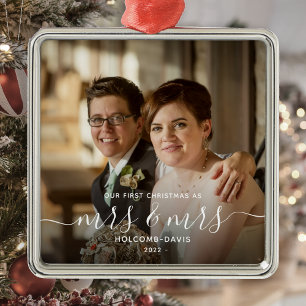 Ornement Carré Argenté Photo 1er Noël Mme et Mme Script blanc LGBTQ