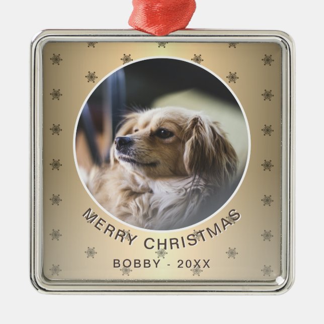 Ornement Carré Argenté Photo de chien Golden Snowflake Noël métallique (Devant)