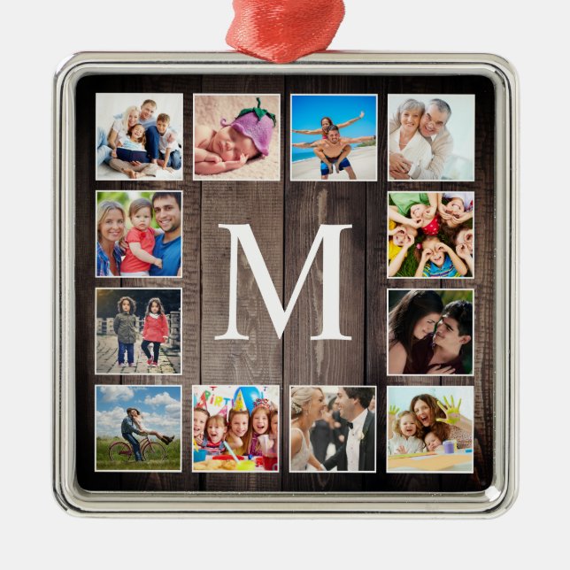 Ornement Carré Argenté Photo de Custom Collage Rustic Farmhouse Family (Devant)