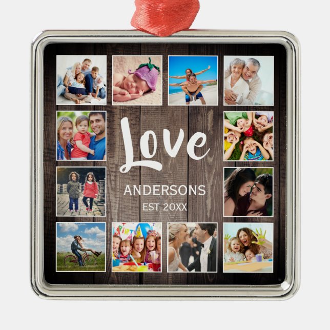 Ornement Carré Argenté Photo de Custom Collage Rustic Farmhouse Love Fami (Devant)
