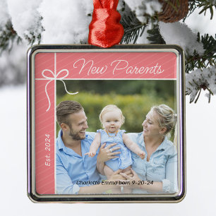 Ornement Carré Argenté Photo de Noël de la famille des nouveaux parents