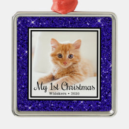 Ornement Carré Argenté Photo du 1er Noël de chaton