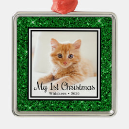 Ornement Carré Argenté Photo du 1er Noël de chaton