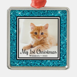 Ornement Carré Argenté Photo du 1er Noël de chaton