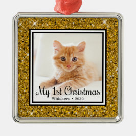 Ornement Carré Argenté Photo du 1er Noël d'un chaton