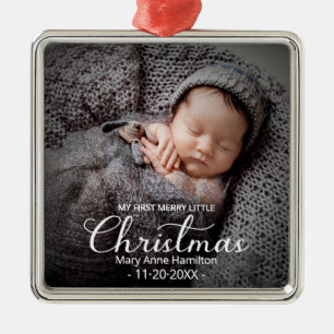 Ornement Carré Argenté Photo du premier Noël de bébé
