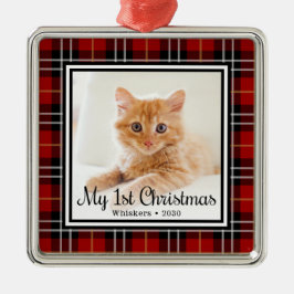 Ornement Carré Argenté Photo du premier Noël de chat