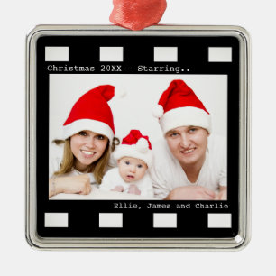 Ornement Carré Argenté Photo personnalisée Reel Noël