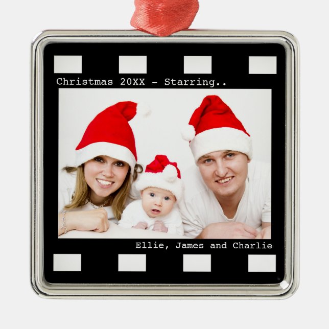 Ornement Carré Argenté Photo personnalisée Reel Noël (Devant)