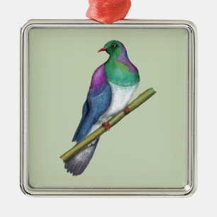 Ornement Carré Argenté Pigeon de Kereru Wood