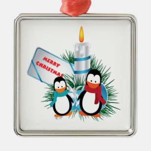 Ornement Carré Argenté Pingouins Et Bougies De Noël