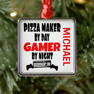 Ornement Carré Argenté Pizza Maker aime jouer aux jeux vidéo