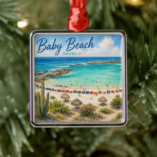 Ornement Carré Argenté Plage de bébé Aruba Voyage souvenir des Caraïbes