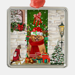 Ornement Carré Argenté Pomeranian Dog Christmas