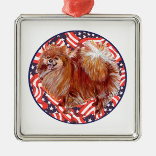 Ornement Carré Argenté Pomeranian Rouge Blanc & Bleu