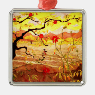 Ornement Carré Argenté Pommier aux fruits rouges par Paul Ranson,