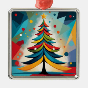 Ornement Carré Argenté Pop Art Géométrique Noël Branches en plumes