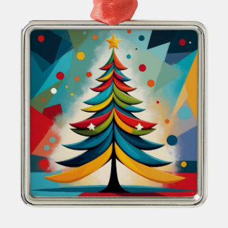 Ornement Carré Argenté Pop Art Géométrique Noël Branches en plumes