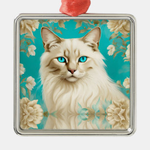 Ornement Carré Argenté Portrait d'art Lynx Bleu Point Siamois
