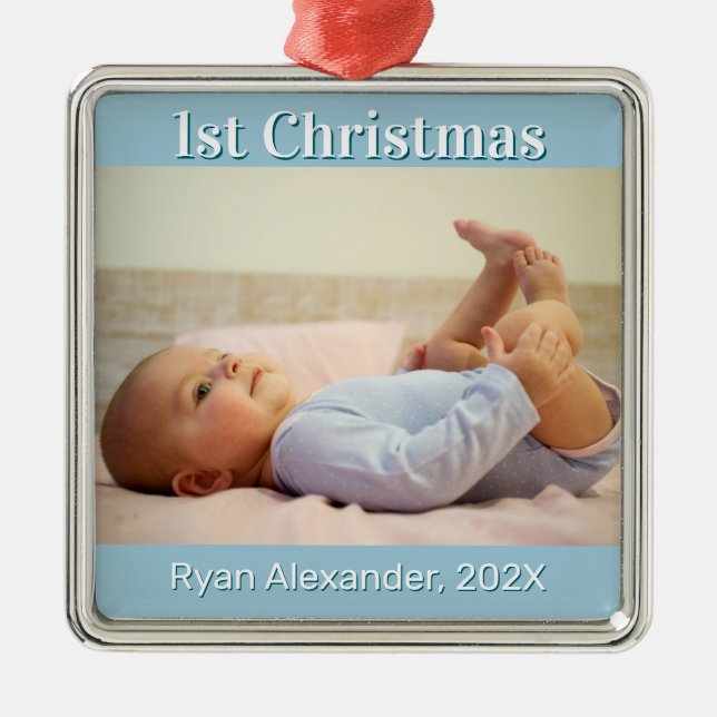 Ornement Carré Argenté Premier Noël Baby Boy Photo Ornament (Devant)